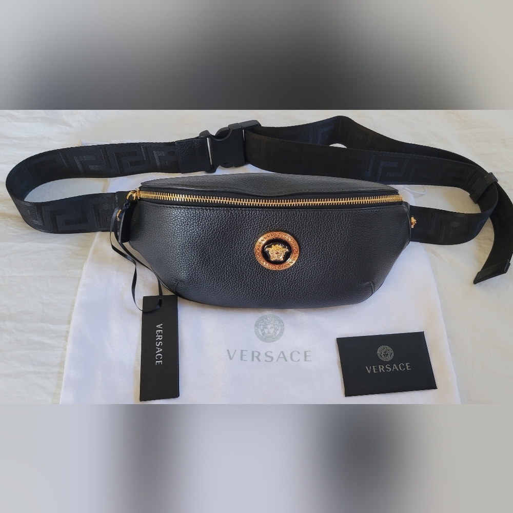 NEW Versace Unisex Black Leather Belt Bag